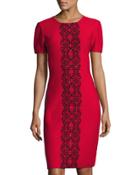 Scroll-embroidered Crinkle-knit Dress, Red