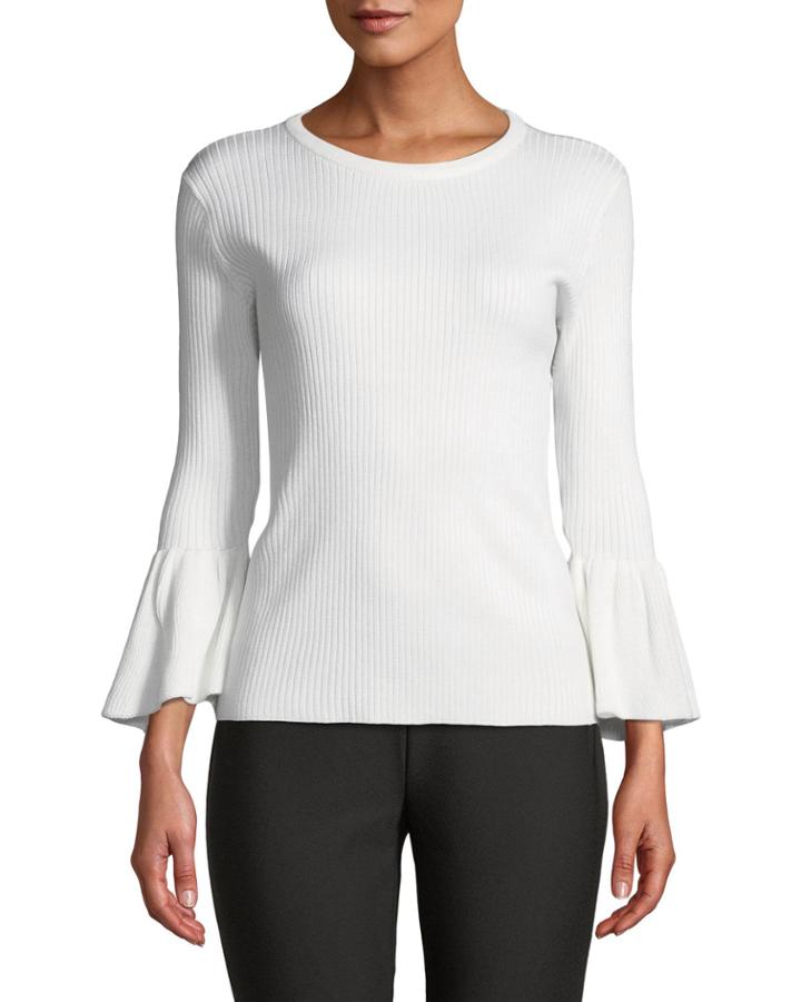 3/4-ruffle Sleeve Ribbed