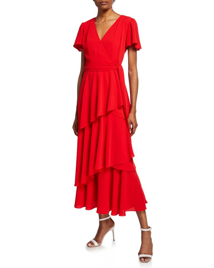 Long Tiered Ruffle Illusion Wrap Dress