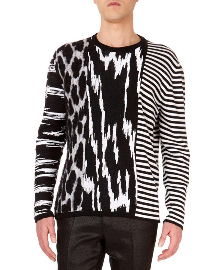 Men's Animal-intarsia Striped Crewneck Wool