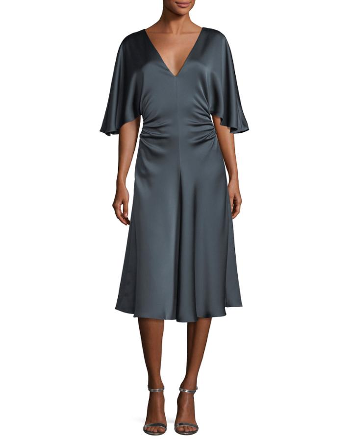 Flowy-sleeve Satin Cocktail Dress