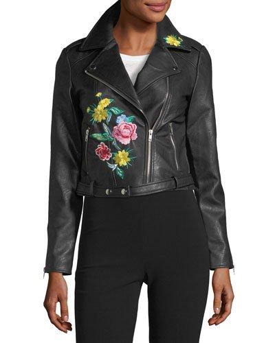 Faux-leather Jacket W/ Flower Embroidery