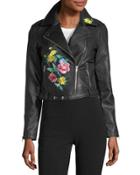 Faux-leather Jacket W/ Flower Embroidery