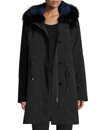 Hooded Fur-trim Coat W/ Removable Fur Lining, Black/blue