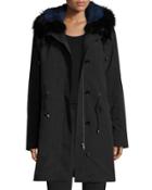 Hooded Fur-trim Coat W/ Removable Fur Lining, Black/blue