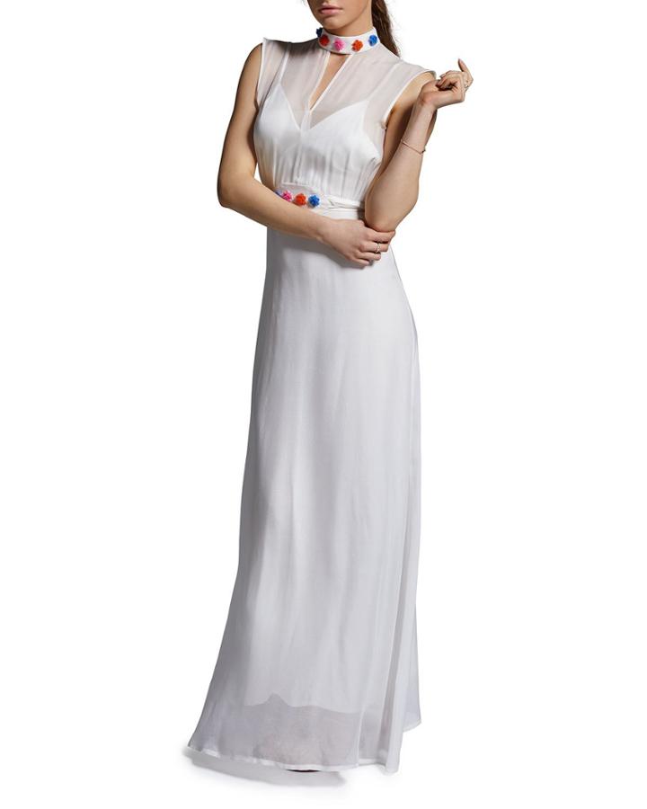 Naomi Silk Flower Applique Gown, White
