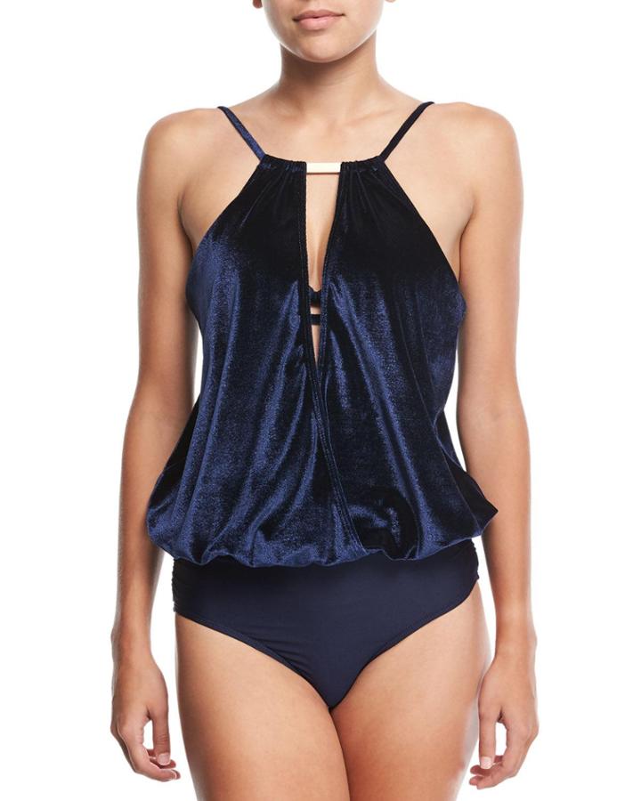 Halter Draped-keyhole Velvet Tankini