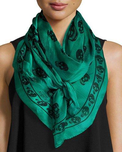 Skull-print Silk Scarf, Green/black