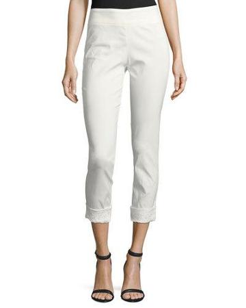 Lace-cuff Pull-on Capri Pants, White