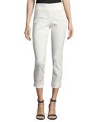 Lace-cuff Pull-on Capri Pants, White