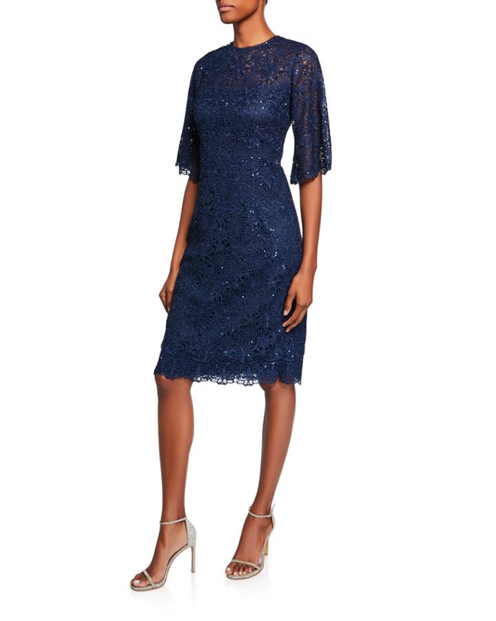 Jewel-neck Elbow-sleeve Floral Lace Cocktail Dress