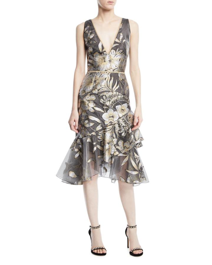 Metallic Fil Coupe Asymmetric Ruffle Cocktail Dress