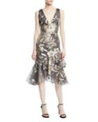 Metallic Fil Coupe Asymmetric Ruffle Cocktail Dress
