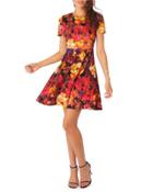 Short-sleeve Floral-print Pique Fit-&-flare Dress, Fuchsia/orange