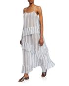 Striped Spaghetti-strap Cotton Gauze Ruffle