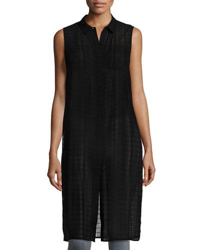 Sleeveless Button-front Long Tunic, Black