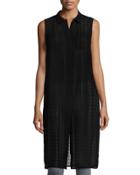 Sleeveless Button-front Long Tunic, Black