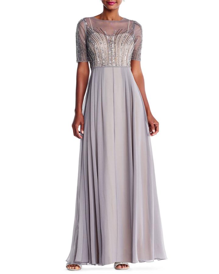 Short-sleeve Beaded Illusion Gown