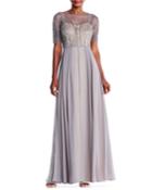 Short-sleeve Beaded Illusion Gown