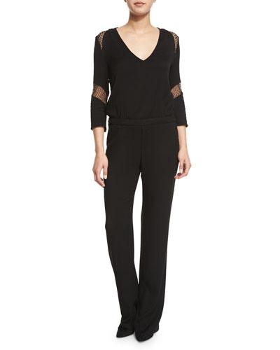 Sake Lace-inset 3/4-sleeve Jumpsuit, Black
