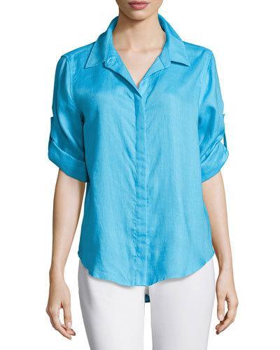 Button-front Long-sleeve Blouse, Calm