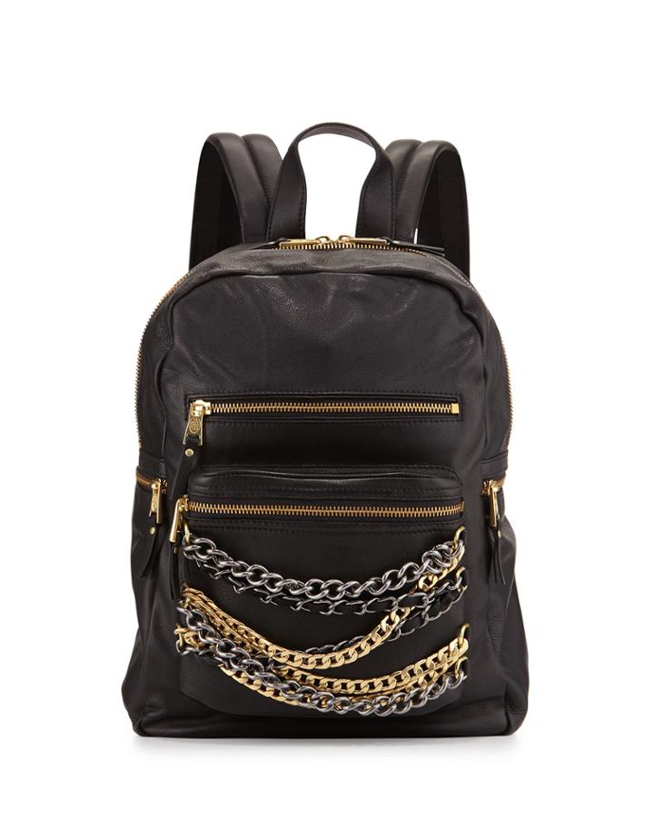 Ash Domino Chain Small Leather Backpack, Black/silver/gold