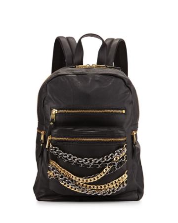 Ash Domino Chain Small Leather Backpack, Black/silver/gold