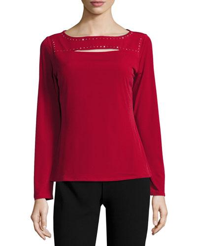 Stud-embellished Long-sleeve Top, Autumn Red