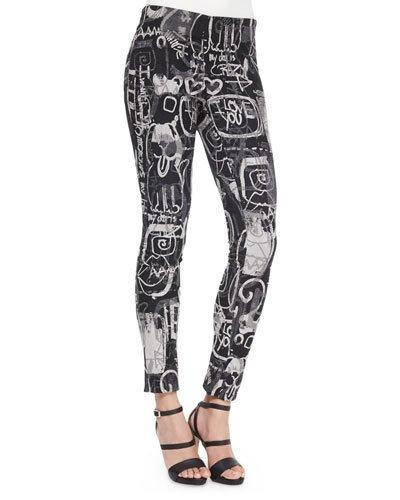 Side-zip Printed Slim Pants, Black