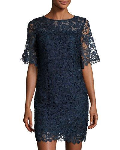 Half-sleeve Lace-overlay Sheath Dress, Navy
