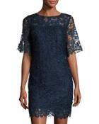Half-sleeve Lace-overlay Sheath Dress, Navy