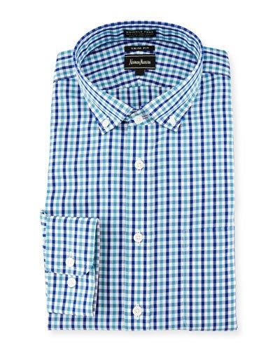 Trim-fit Non-iron Check Dress Shirt, Blue/teal