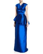 V-neck Cap-sleeve Mikado Asymmetric Peplum Gown
