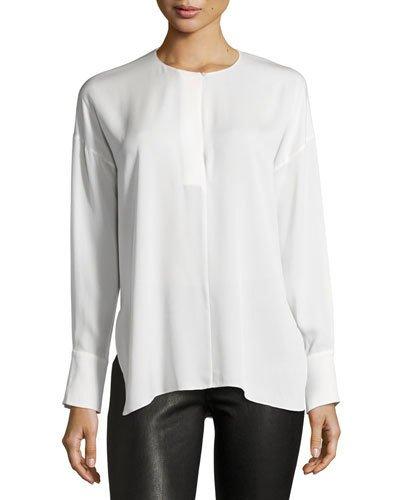 Keyhole-front Long-sleeve Silk Blouse, Office