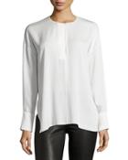 Keyhole-front Long-sleeve Silk Blouse, Office