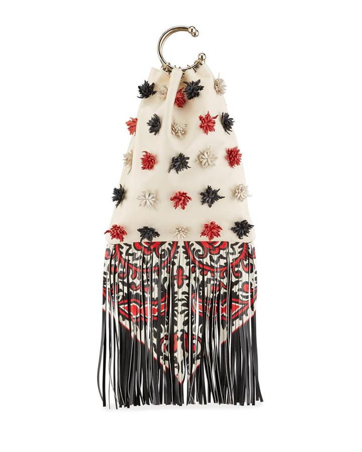 Floral-embellished With Fringe Leather Clutch Bag