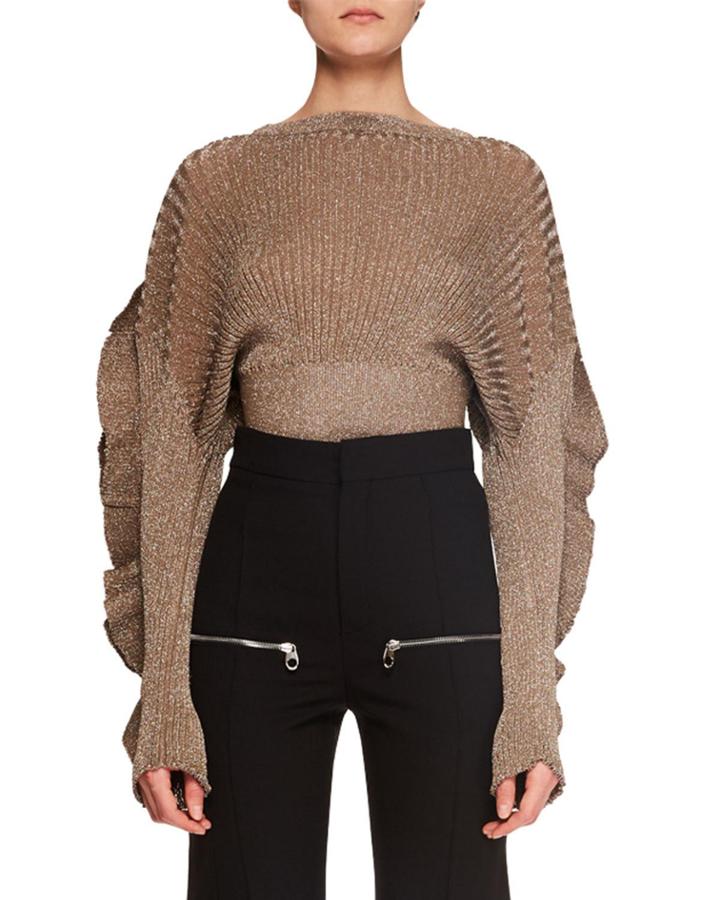 Ruffle-sleeve Metallic-ribbed