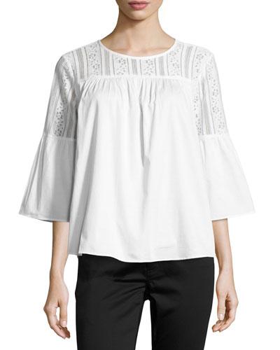 Lace-yoke Bell-sleeve Blouse, White