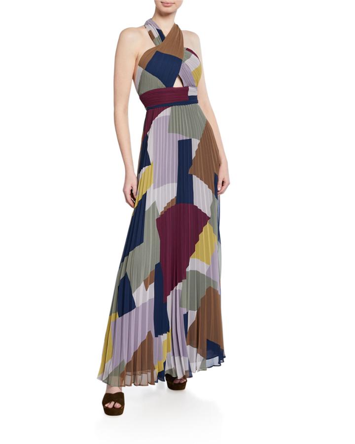 Pleated Colorblock Halter Gown