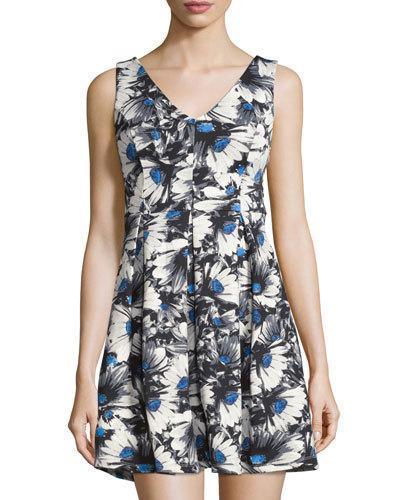 Sleeveless Floral-print Fit & Flare Dress, Gray