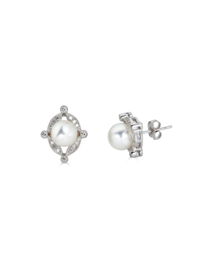 14k White Gold Diamond-framed Pearl Earrings