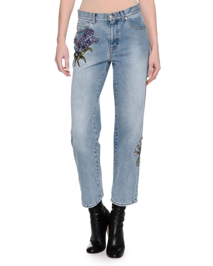 Embroidered Denim Ankle Jeans, Blue