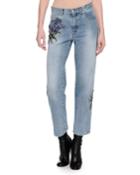 Embroidered Denim Ankle Jeans, Blue