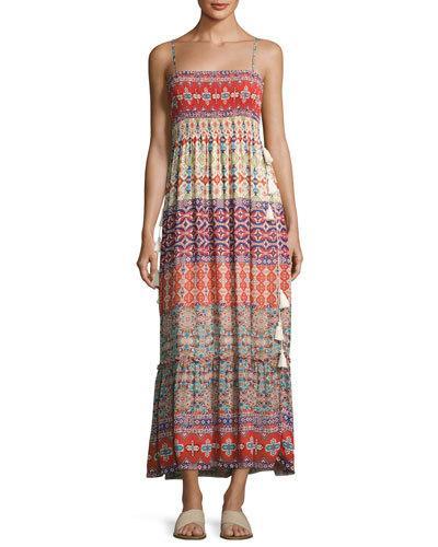 Tassel-trim Smocked-bust Midi Dress,