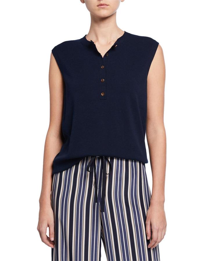 Sleeveless Cotton Crepe Henley