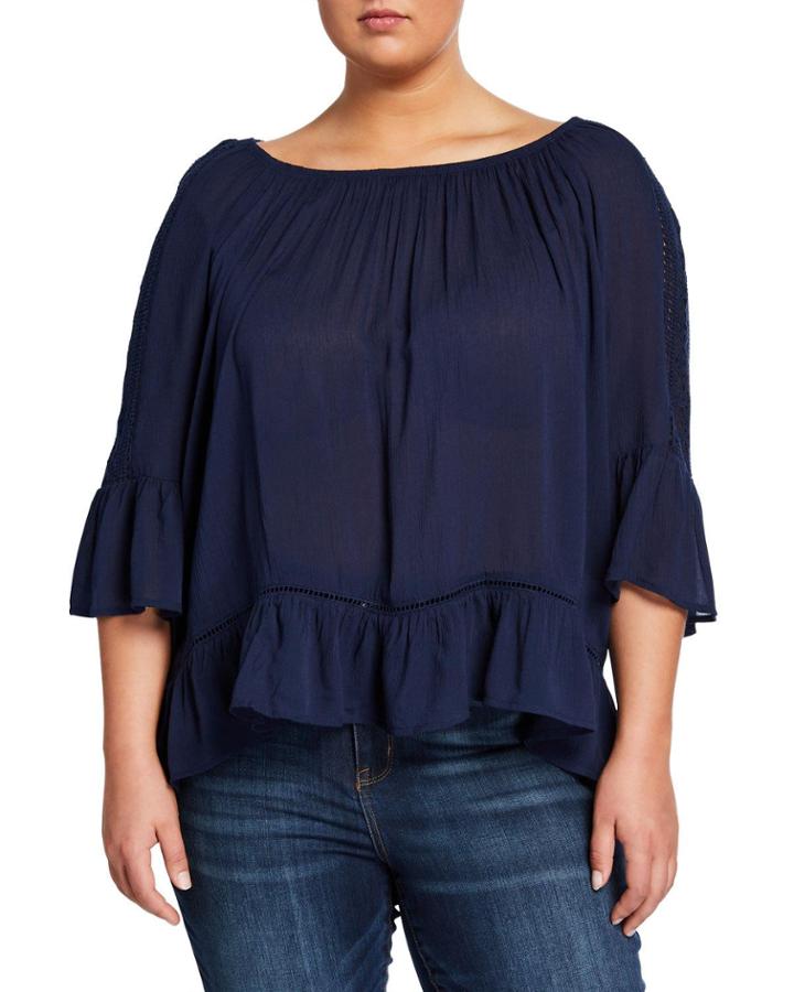 Plus Size Boat-neck 3/4-sleeve Ruffle Top W/ Crochet Trim