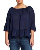 Plus Size Boat-neck 3/4-sleeve Ruffle Top W/ Crochet Trim