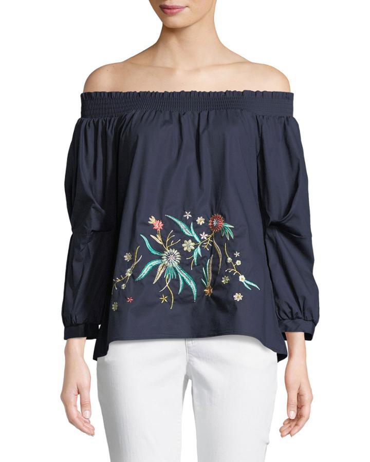 3/4-sleeve Embroidered Off-the-shoulder Blouse