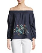 3/4-sleeve Embroidered Off-the-shoulder Blouse