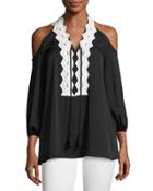 Lace-trim Cold-shoulder Crepe Blouse, Black/white